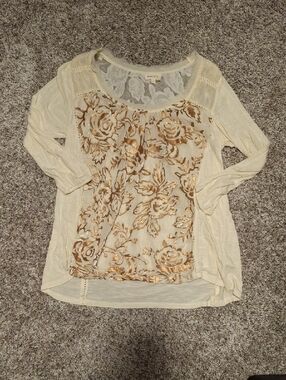 Meadow Rue Cream Long Sleeve Top with Gold Floral Foil